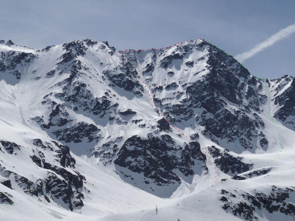 in rosso percorso di salita, in verde discesa