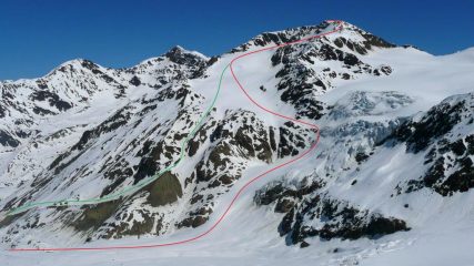 Palon de la Mare dalla S.Matteo: in rosso la nostra discesa, in verde la più classica usata anche in salita