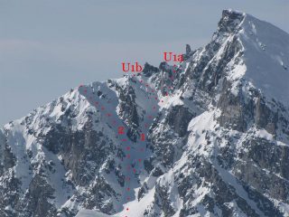 1. canale di dx; 2. canale di sx;  U1a. uscita diretta; U1b. variante di sx