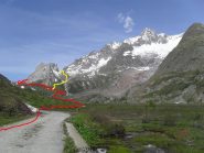 Giro delle Pyramid Calcaires,in rosso la salita,in giallo la discesa al rifugio chiudendo l'anello