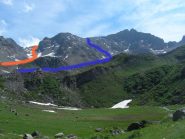 In blu l'itinerario sbagliato. In arancio quello corretto.(dal laghetto)