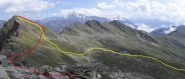 in rosso la salita alla Testa Srena,in giallo la discesa ai laghi Dziule...