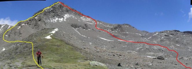 il percorso di salita(rosso) sul versante Italiano e di discesa (giallo ) su quello Francese...