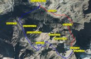 Immagine satellitare con traccia GPS, rosso andata, blù ritorno