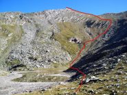 Il Monte Ferra dal lago Reisassa con l'itinerario indicativo seguito
