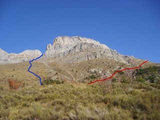 Salita dall'aseo (rosso), Discesa dalle scaglie (blu)
