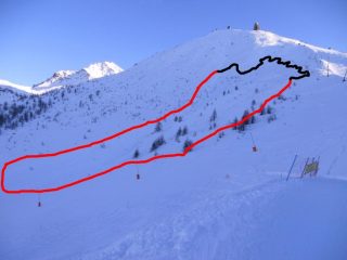 valanga a lastroni sotto al sises: in nero la zona distacco