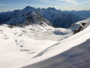 La valle del Rio Chamen, col lago di Estoul ricoperto di neve, visti dal colletto della Valnera