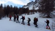 fila di ciaspolatori in salita nel bosco iniziale 