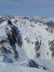 il pendio SE dei Rochers, in rosso la nostra discesa