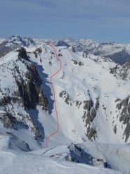 il pendio SE dei Rochers, in rosso la nostra discesa