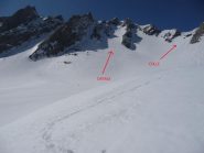 il canale E di salita al Mont Tapie e il ripido pendio per la salita al Colle