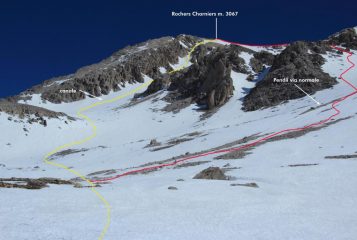 alla base del canale del versante Nord, in giallo la via seguita (31-3-2012)