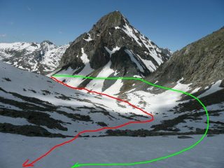 Mont Delà dal valloncello di salita in rosso, in verde la salita classica