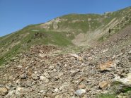 Lo Stelliere, discesa: da questo punto in diagonale verso sinistra fino alla cresta all'orizzonte e da li a destra alla cima