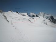 I due possibili percorsi visti dal colle del Breithorn