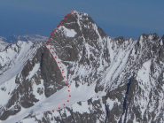 Lo Schreckhorn e il suo percorso di salita visto dal Finsterahorn (marzo 2012)