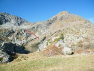 Il Corno dal Lago. In rosso il percorso del canalino.