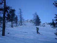 la parte alta del bosco: neve lavorata dal vento;