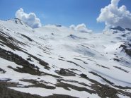 Il tratto dal col de Chamoussiere (a sx) al taglio per prati verso Rouchon.