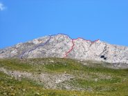 In rosso la mia salita, in blu la discesa che stacca dal masso di cresta
