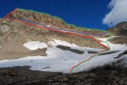 percorso per la vetta  canalino (rosso), percorso lungo la cresta (verde). In blu il tratto per attraversare in costa e raggiungere il crinale per arrivare in vetta con Frank.