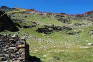 La via di salita dai ruderi fino alla cima (quasi 2794 m, in giallo)  e la discesa al colle per risalire la Tour Ronde (rosso).