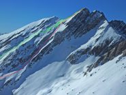 Versante E della Grande Rochère visto dal Grand Creton - In verde la salita, in rosso la discesa