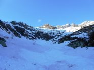 Conca a monte della gorgia: a sx. il canalino di salita, a dx. la ns. discesa