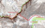 stralcio di mappa IGN e via di salita seguita