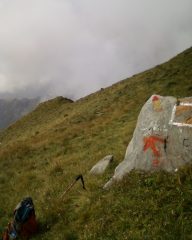 Fine della cresta vaccarezza, oltre la dorsale erbosa si intravede il Rifugio Salvin