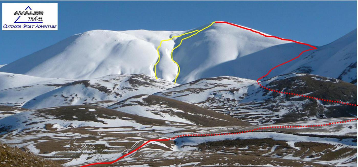 Monte Argentella versante sud-ovest, in giallo le linee di discesa