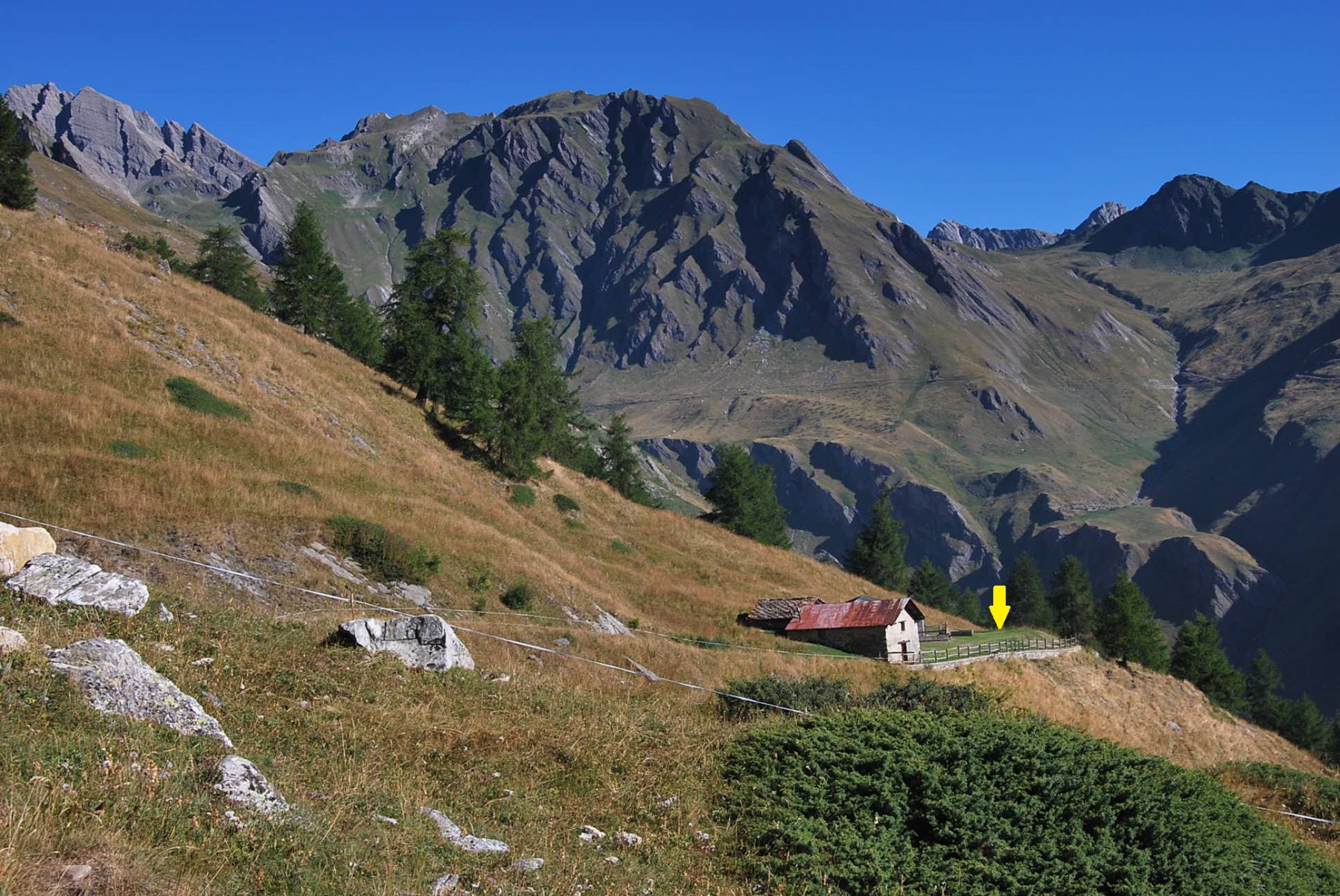 L’alpeggio di Bois de meiten, dove - indicato dalla freccia - parte il sentiero per il fondovalle. Sullo sfondo Col St. Rhemy e Mt Rodzò, le prossime mete