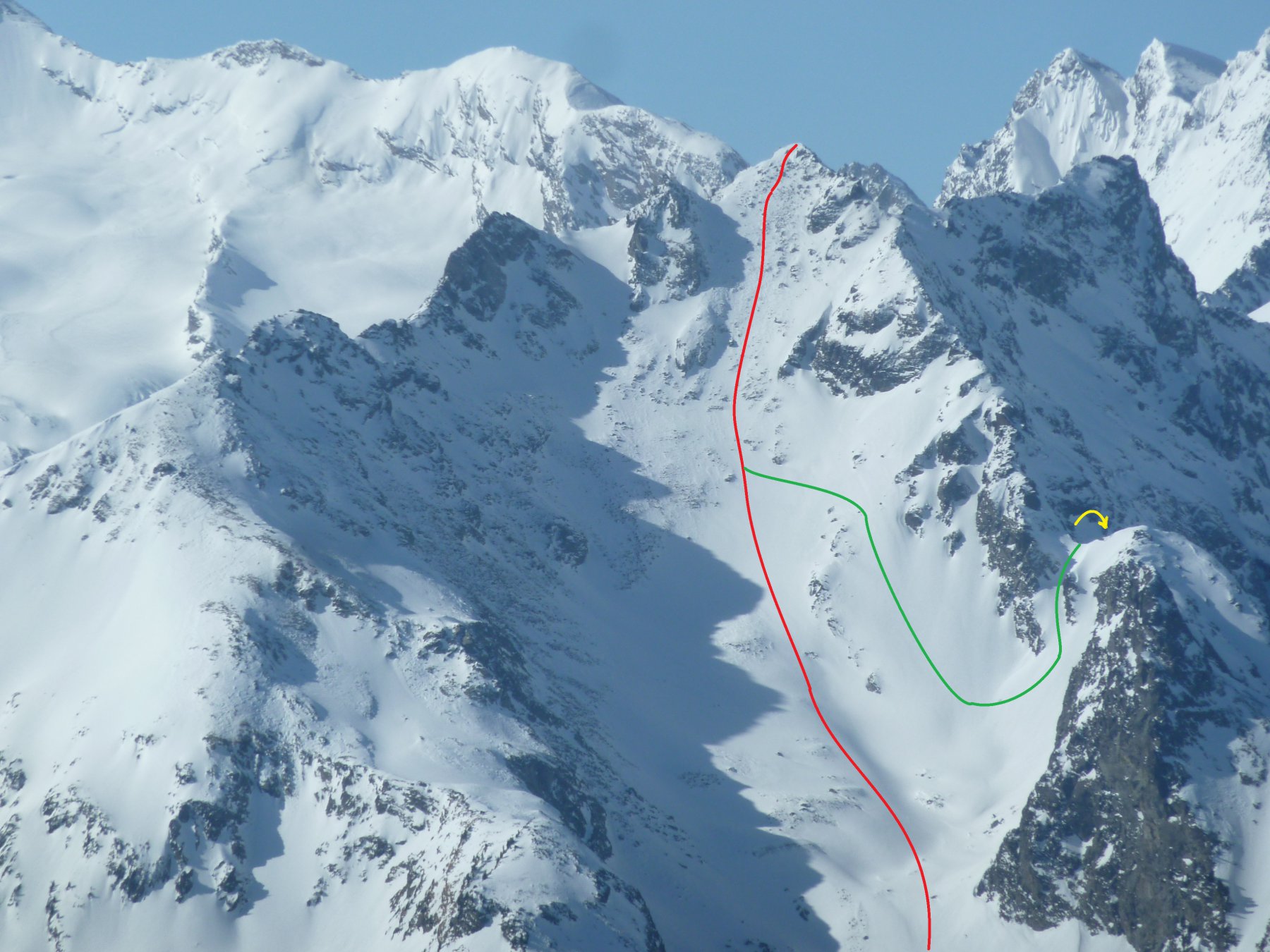 Tour de Tignet parete NE. In verde la risalita al colletto