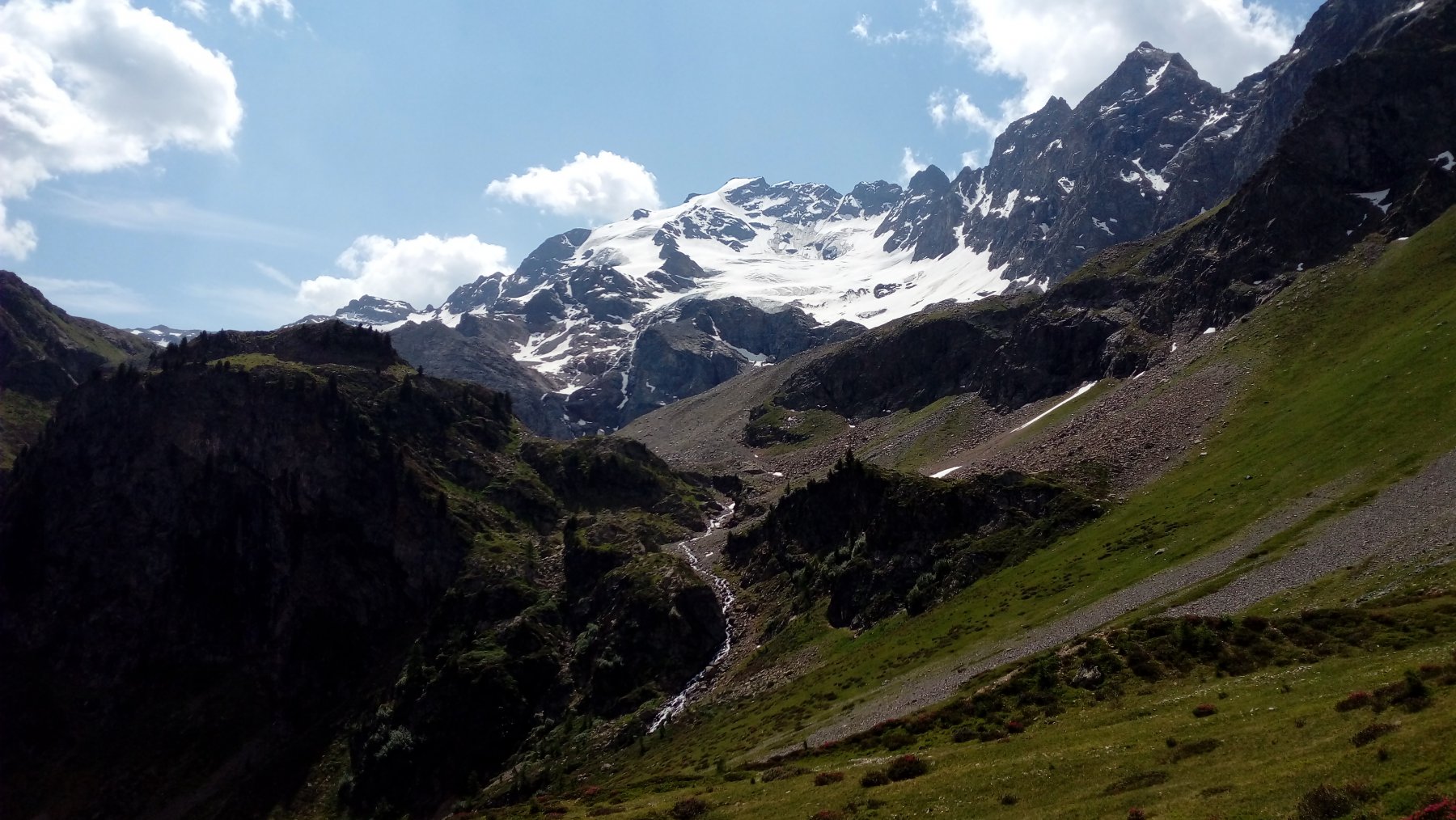 Alta val Cardonè, vista sulla Cima Piazzi, in primo piano su un dosso, il bivacco Ferrario