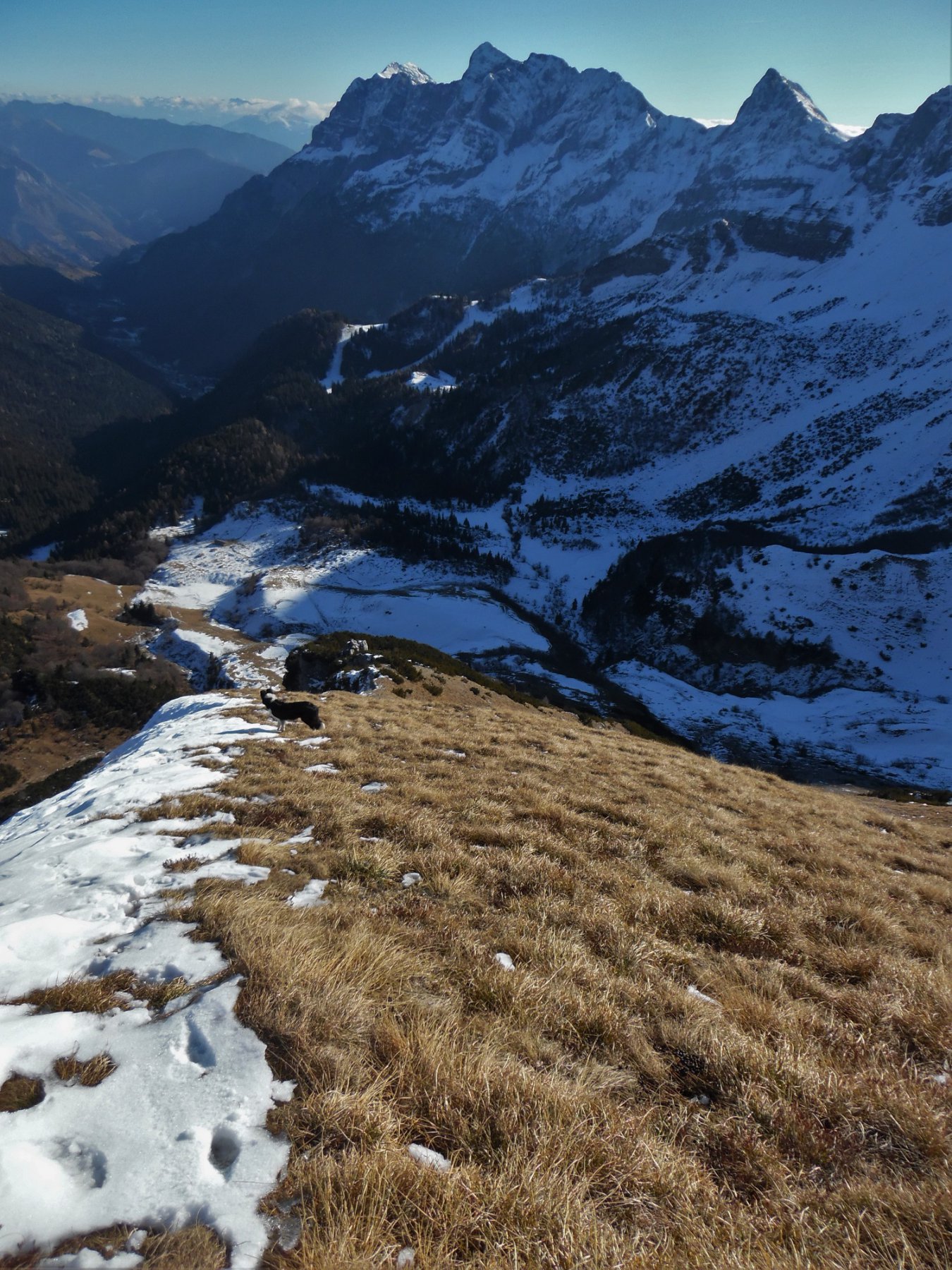 L'erta salita dalle baite Neel. Dietro il Fop e il Valmora