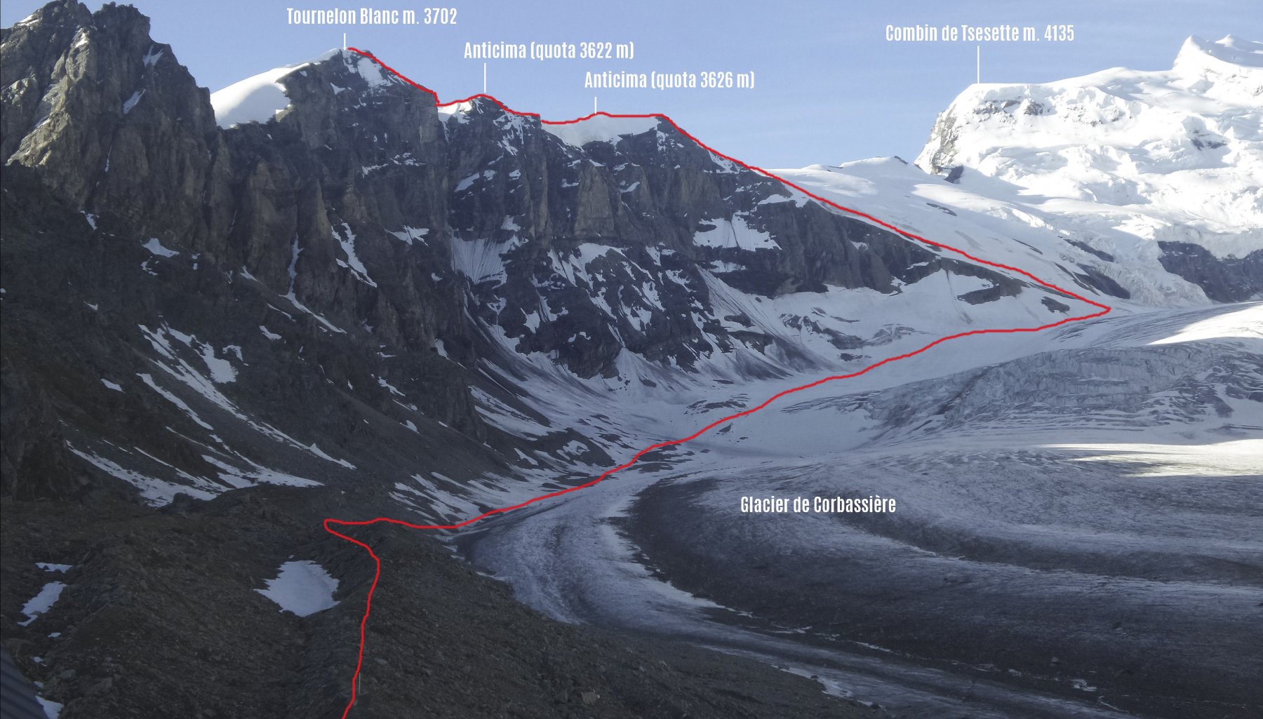 itinerario di salita osservato dalla Cabane de Panossière
