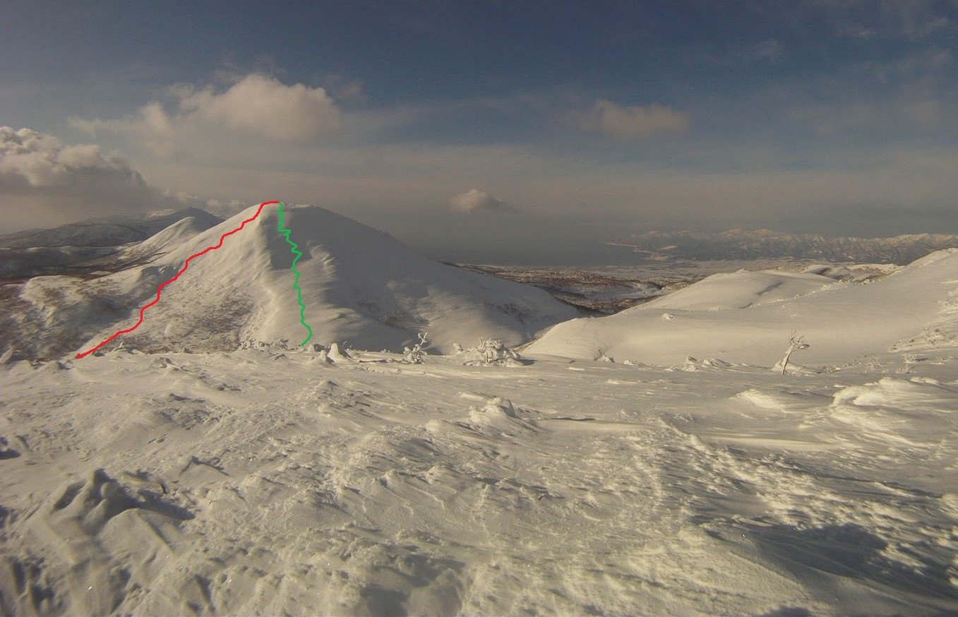 Iwanoupuri con linea di salita (in rosso) e di discesa (in verde)