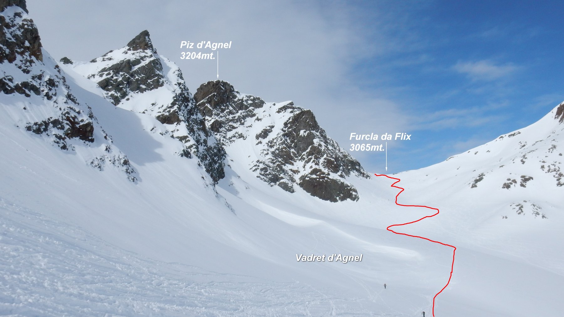  Si traversa sotto il crestone del Piz d'Agnel ...spettacolo. In rosso la traccia che sale alla Furcla da Flix.