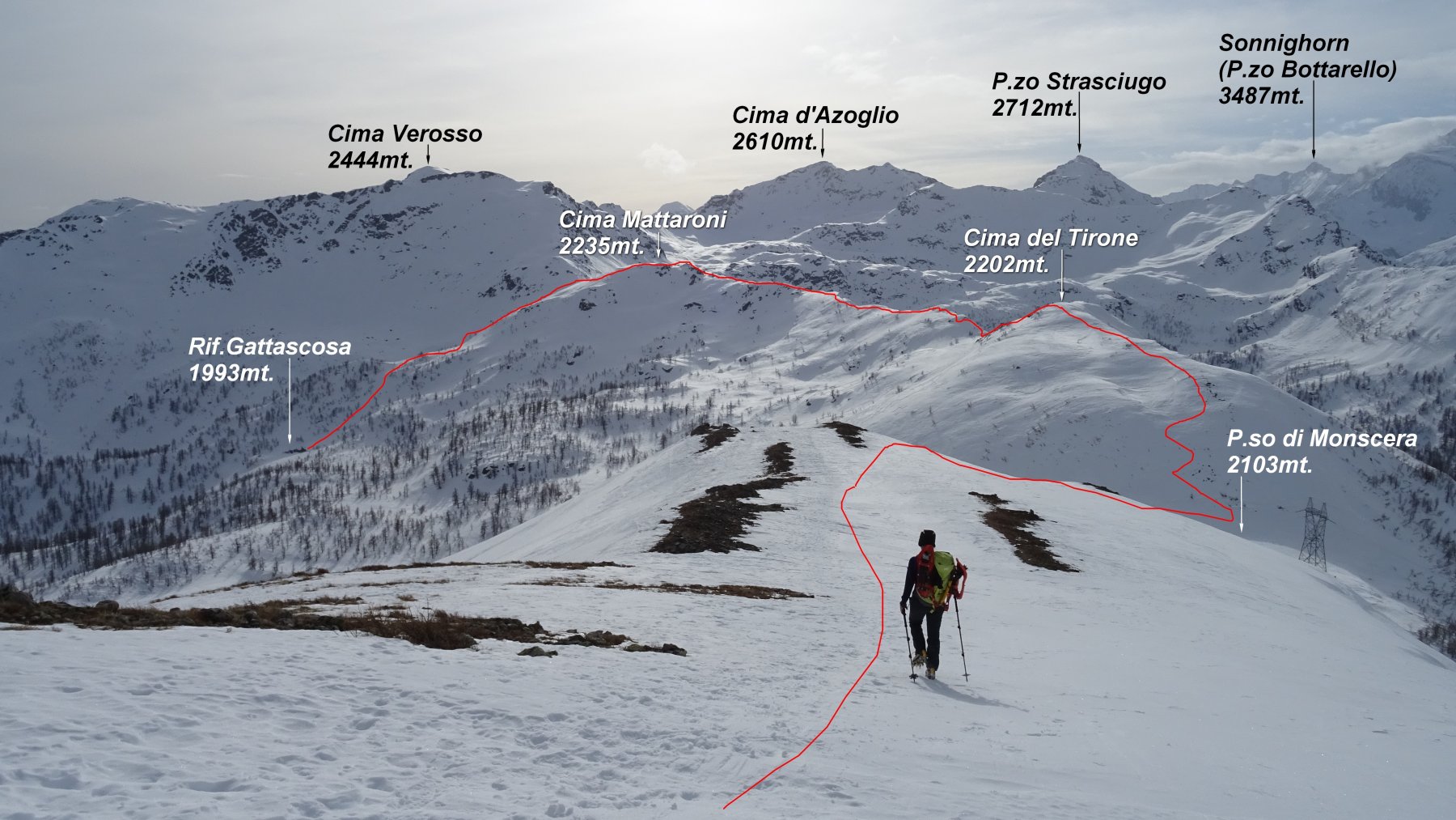 In rosso la traccia del percorso in cresta, visto scendendo dal P.zo Pioltone.