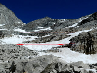 Fra le righe rosse, la fascia rocciosa dove inizia il tratto attrezzato