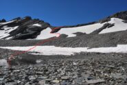 La via di salita all’ultima rampa sotto il colle. Unico punto leggermente critico è il ripido nevaio