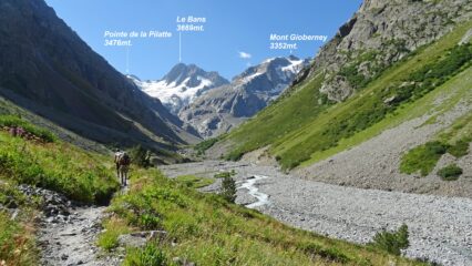 Passato il bivio del Ref. de Temple  des Ecrins, il vallone incomincia a curvare puntando verso il les Bans.