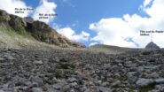 In alto appare il rifugio, in rosso la traccia di salita.