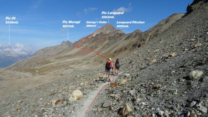 Dalla Fourcla Pischa effettuiamo il lungo traverso ascendente che porta sotto il Piz Languard.