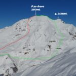 Panorama sul P.zo Arera visto da Cima di Grem 2049mt. In rosso la traccia di salita per il canale sud, in verde quella fatta in di discesa. 