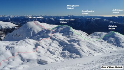 Dalla Cima di Grem con in rosso il percorso che faremo per il M.Golla, in verde quello che prosegue al Matto del Golla ed Il Pulpito.