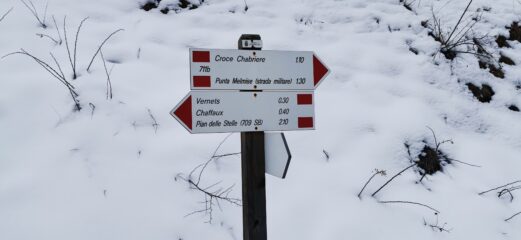 bivio con cartello indicatore dove iniziano gli itinerari di salita alla Melmise per cresta o lungo la strada militare