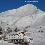 Panorama dal Rif.Casari sul versante ovest del M.Sodadura. In verde la salita sulla cresta SO. In rosso la discesa a goccia del versante Ovest.