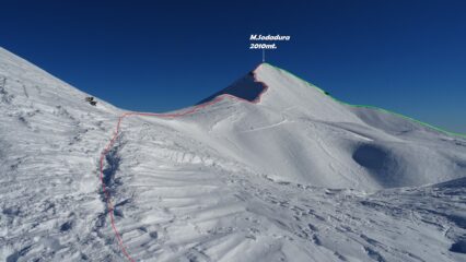 Ora tocca al M.Sodadura, in rosso la salita sulla cresta NO, in verde la discesa sulla cresta SO. 